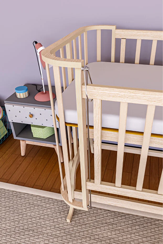 Mabela Beşik Ahşap Kahverengi Krem Örgü Koruma Set Ile